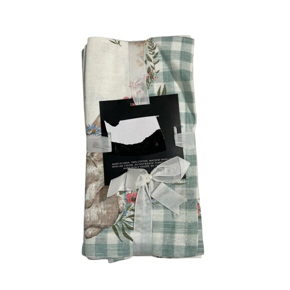 Tahari Home‎ Cloth Napkins Easter Dinner Holiday Green Plaid Bunny Floral Set 8 - Picture 4 of 11